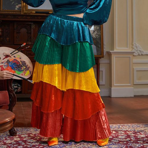 Pantalon ample à blocs de couleurs plissé en satin - SHEIN - Modalova