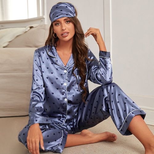 Ensemble de pyjama à imprimé cœur à poche en satin avec masque de sommeil - SHEIN - Modalova