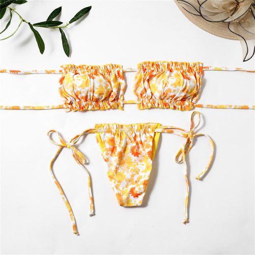 Bikini bandeau à nœud à imprimé floral à fronces - SHEIN - Modalova
