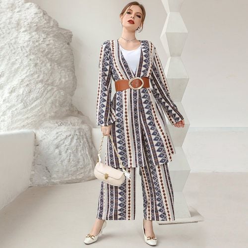 Manteau à imprimé géométrique & Pantalon ample (sans ceinture) - SHEIN - Modalova