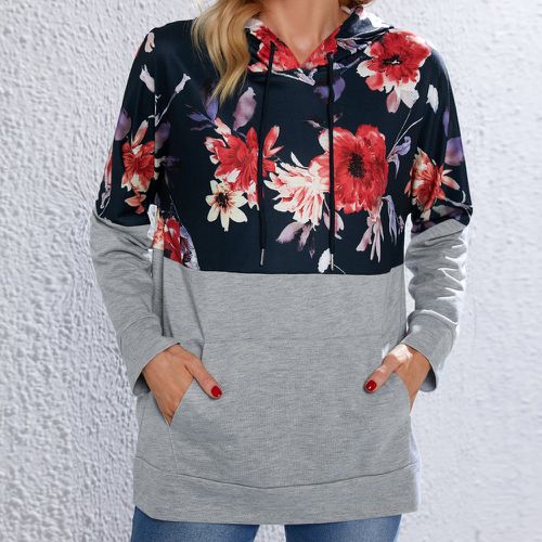 Sweat-shirt à capuche à imprimé floral à poche kangourou à cordon - SHEIN - Modalova
