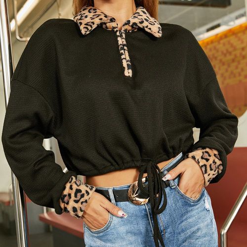 Sweat-shirt léopard à col contrastant à cordon - SHEIN - Modalova