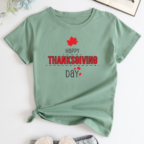 T-shirt avec motif Thanksgiving et imprimé feuille - SHEIN - Modalova