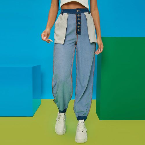 Pantalon taille haute à blocs de couleurs à surpiqûres à poche - SHEIN - Modalova