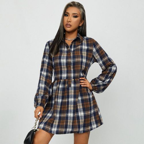 Robe chemise à imprimé tartan manches bouffantes - SHEIN - Modalova