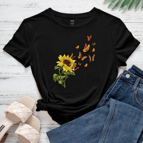 T-shirt à imprimé papillon et tournesol - SHEIN - Modalova