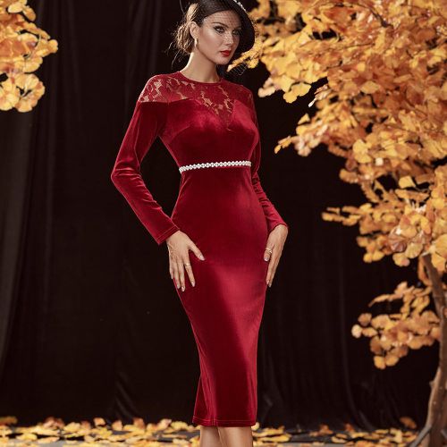 Robe moulante en dentelle fendu en velours (sans ceinture) - SHEIN - Modalova