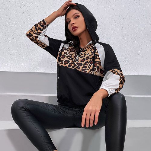 Sweat-shirt à capuche à blocs de couleurs à léopard à cordon zippé manches raglan - SHEIN - Modalova