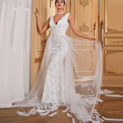 Robe de mariage avec tulle en dentelle à traîne - SHEIN - Modalova