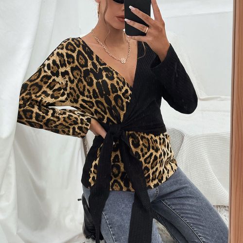 T-shirt léopard à nœud en maille gaufrée - SHEIN - Modalova