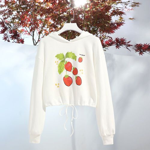 Sweat-shirt à capuche à motif fraise à lettres à cordon - SHEIN - Modalova