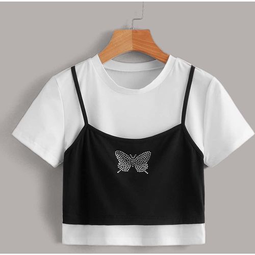 T-shirt court 2 en 1 papillon à strass - SHEIN - Modalova