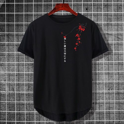 T-shirt fleuri et lettre japonaise asymétrique - SHEIN - Modalova