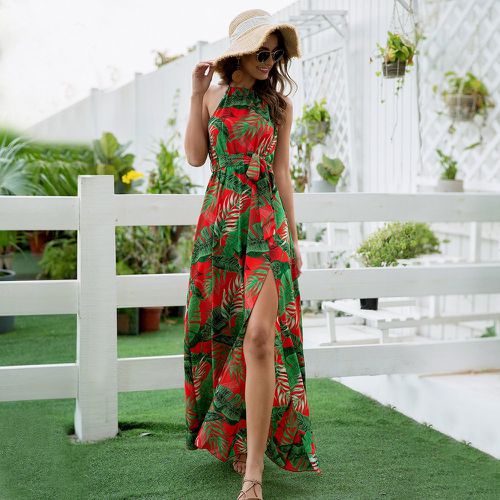 Robe longue à imprimé tropical ceinturé fendue - SHEIN - Modalova