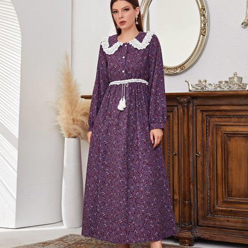 Robe à imprimé floral à broderie anglaise à col statement à franges à cordon - SHEIN - Modalova