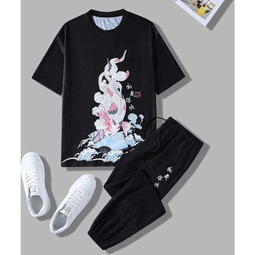 T-shirt à motif aléatoire lettre chinoise à imprimé poisson & Pantalon de survêtement à cordon - SHEIN - Modalova