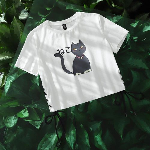T-shirt à motif chat dessin animé à lacets - SHEIN - Modalova