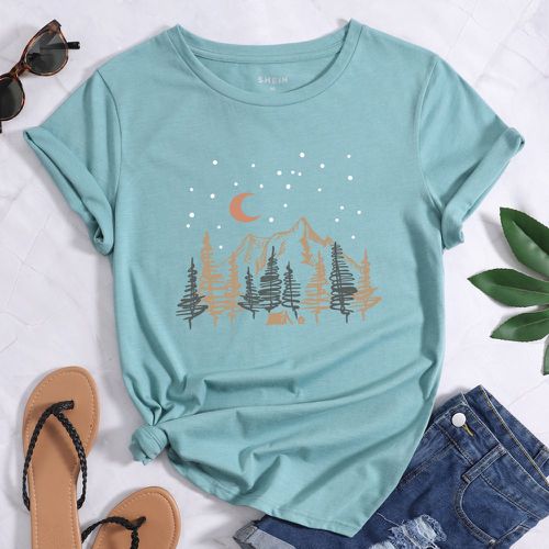 T-shirt à imprimé montagne et arbre - SHEIN - Modalova