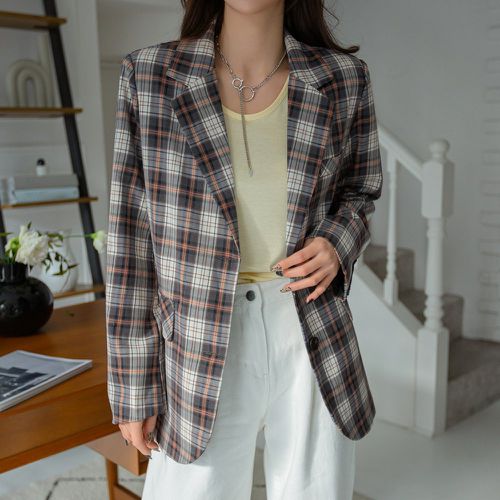 Blazer en tartan à bouton - SHEIN - Modalova