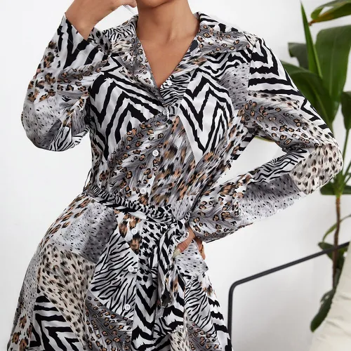 Robe chemise à rayures zébrées & léopard ceinturé - SHEIN - Modalova