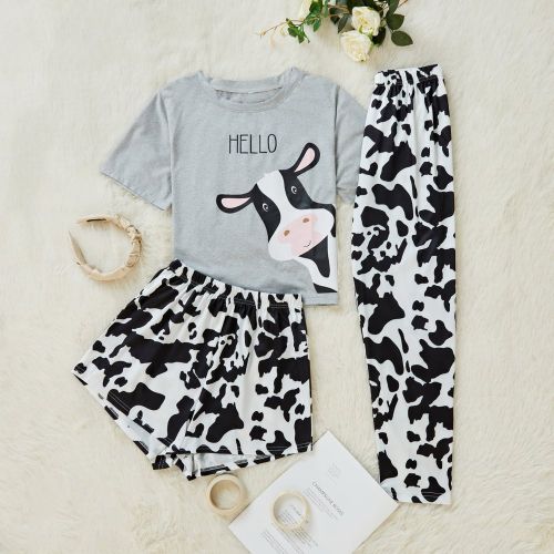Ensemble pyjama comprenant un T-shirt avec motif lettre et vache et des shorts/pantalons imprimés vache - SHEIN - Modalova