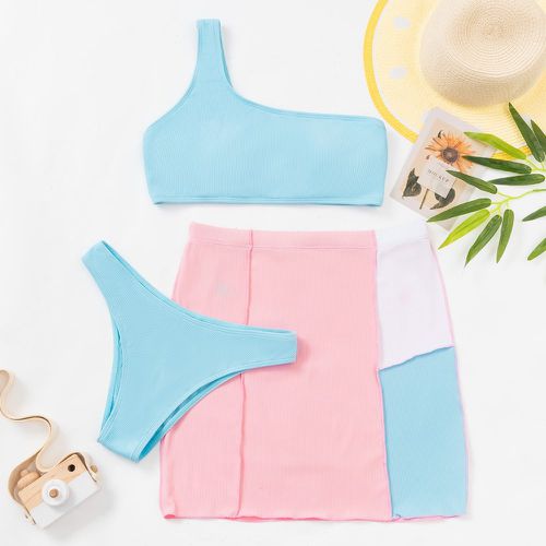 Pièces Bikini à blocs de couleurs côtelé asymétrique & Jupe de plage - SHEIN - Modalova