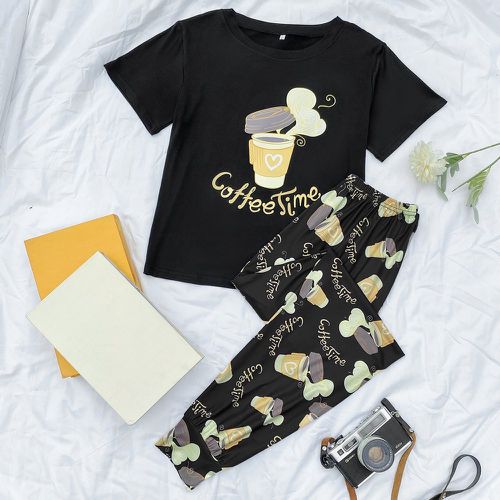 Ensemble pyjama pantalon & t-shirt lettre & à imprimé café - SHEIN - Modalova