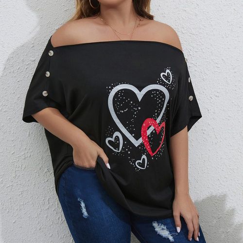 T-shirt à imprimé cœur faux bouton col bardot - SHEIN - Modalova