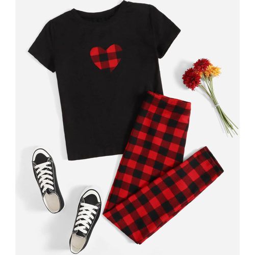 T-shirt à imprimé cœur & Pantalon à carreaux - SHEIN - Modalova