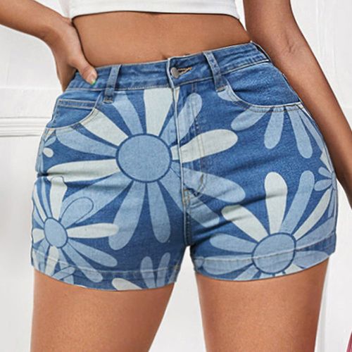 Short en jean à imprimé floral taille haute - SHEIN - Modalova