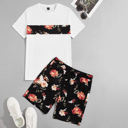 T-shirt à blocs de couleurs à imprimé floral & short à cordon - SHEIN - Modalova