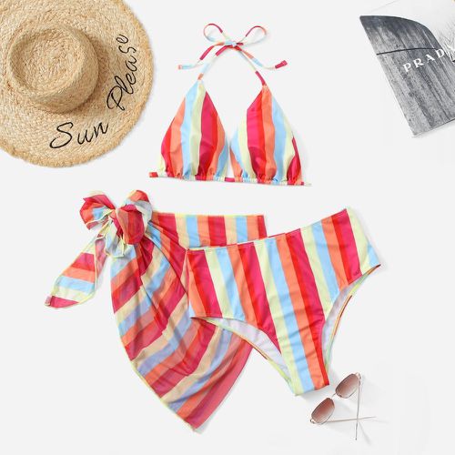 Pièces Bikini ras-du-cou à rayures versicolores & Jupe de plage - SHEIN - Modalova