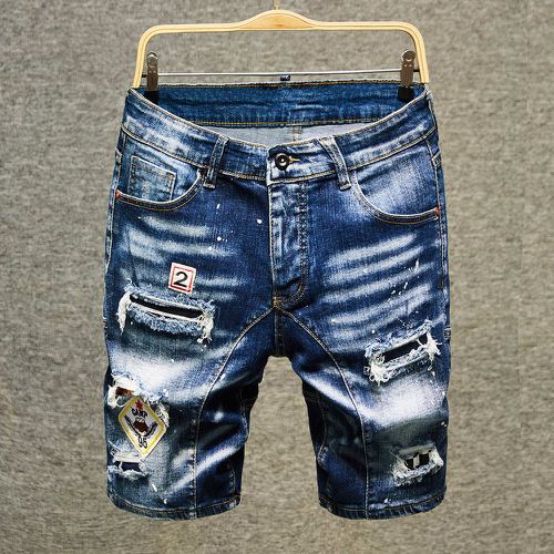 Short en jean déchiré effiloché à applique à imprimé encre d'éclaboussure - SHEIN - Modalova