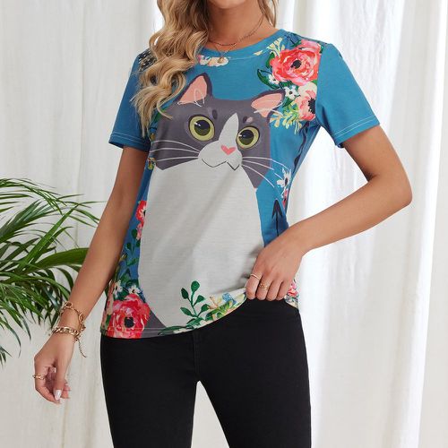 T-shirt à imprimé chat et fleur - SHEIN - Modalova