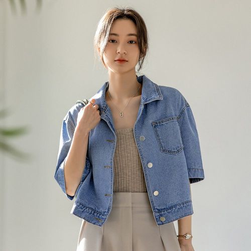 Chemise en jean unicolore à bouton à poche - SHEIN - Modalova