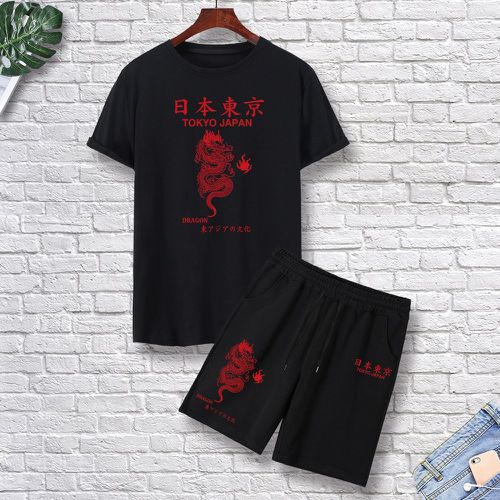 T-shirt avec motif caractère japonais et dragon & Short à cordon - SHEIN - Modalova