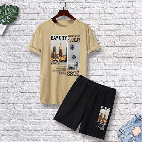 T-shirt à motif gratte-ciel et slogan & Short à cordon - SHEIN - Modalova