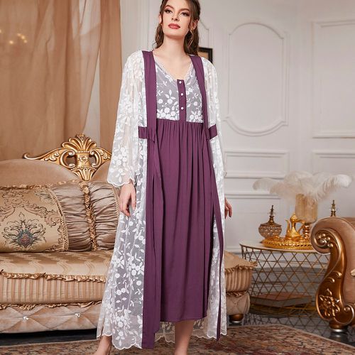 Robe de nuit brodé fleur & Peignoir à nœud - SHEIN - Modalova