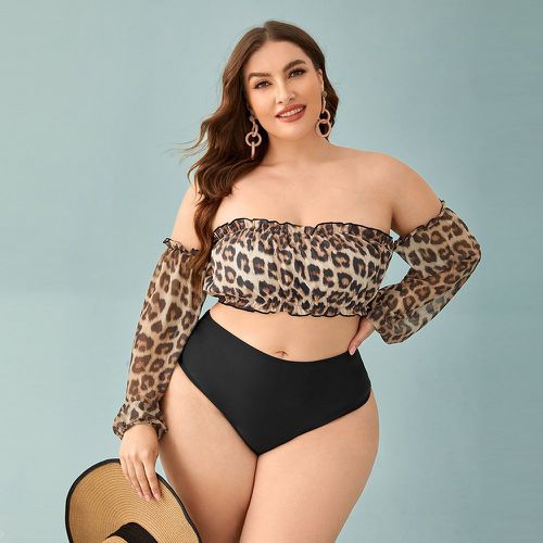 Bikini à léopard à ourlet ondulé col bardot avec manches longues - SHEIN - Modalova