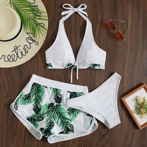 Bikini ras-du-cou à imprimé tropical à nœud avec shorts de plage - SHEIN - Modalova