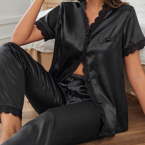 Ensemble de pyjama pantalon & blouse ourlet en dentelle à bouton en satin - SHEIN - Modalova