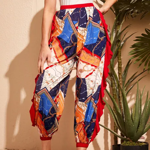Pantalon de jogging à imprimé patchwork à volants - SHEIN - Modalova