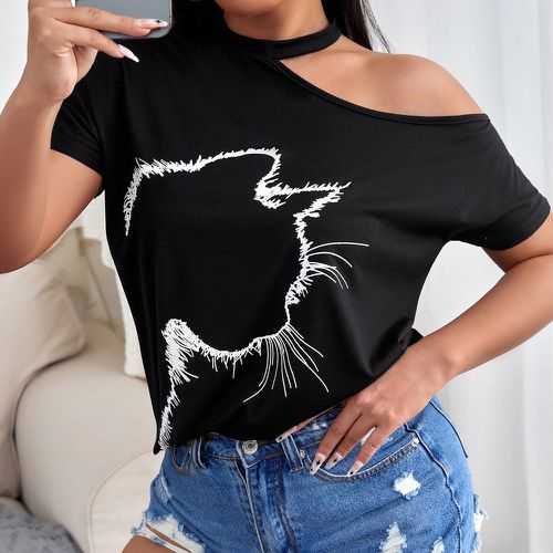 T-shirt à imprimé chat à col asymétrique - SHEIN - Modalova