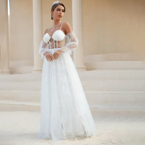 Robe de mariage à épaules dénudées transparent manches évasées en tulle - SHEIN - Modalova