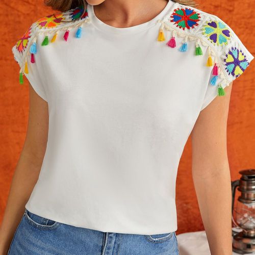 T-shirt brodé fleur à franges manches chauve-souris - SHEIN - Modalova
