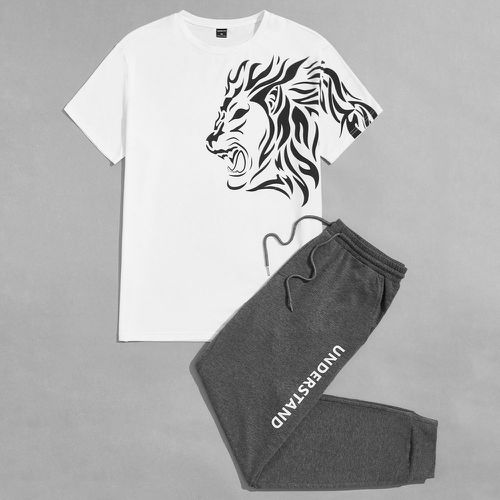 T-shirt à imprimé lion & Pantalon de survêtement à lettres à cordon - SHEIN - Modalova