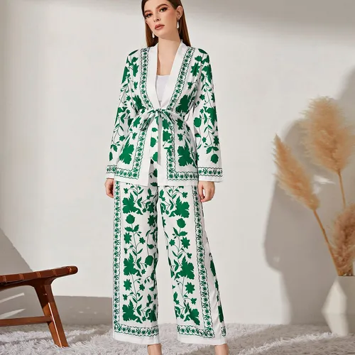 Manteau à imprimé floral ceinturé & Pantalon ample - SHEIN - Modalova