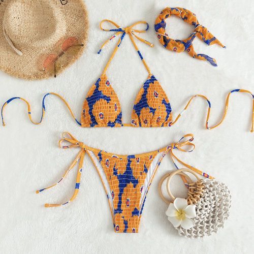 Bikini triangulaire ras-du-cou fleuri froncé & Bandana - SHEIN - Modalova