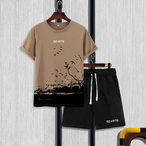T-shirt à imprimé oiseaux et lettre & Short à cordon - SHEIN - Modalova