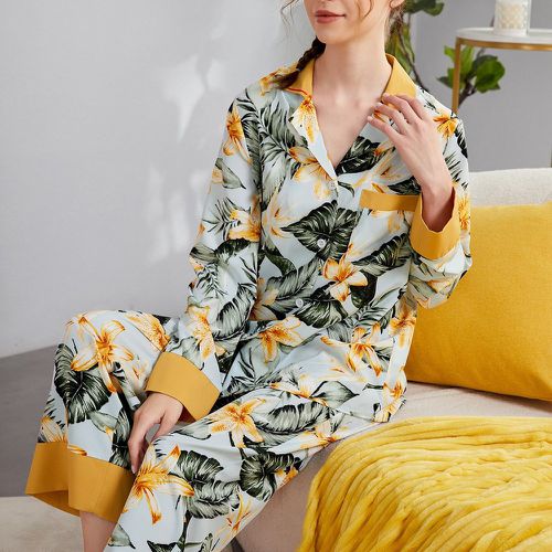 Ensemble de pyjama à imprimé tropical à bordure contrastante patch à poche - SHEIN - Modalova